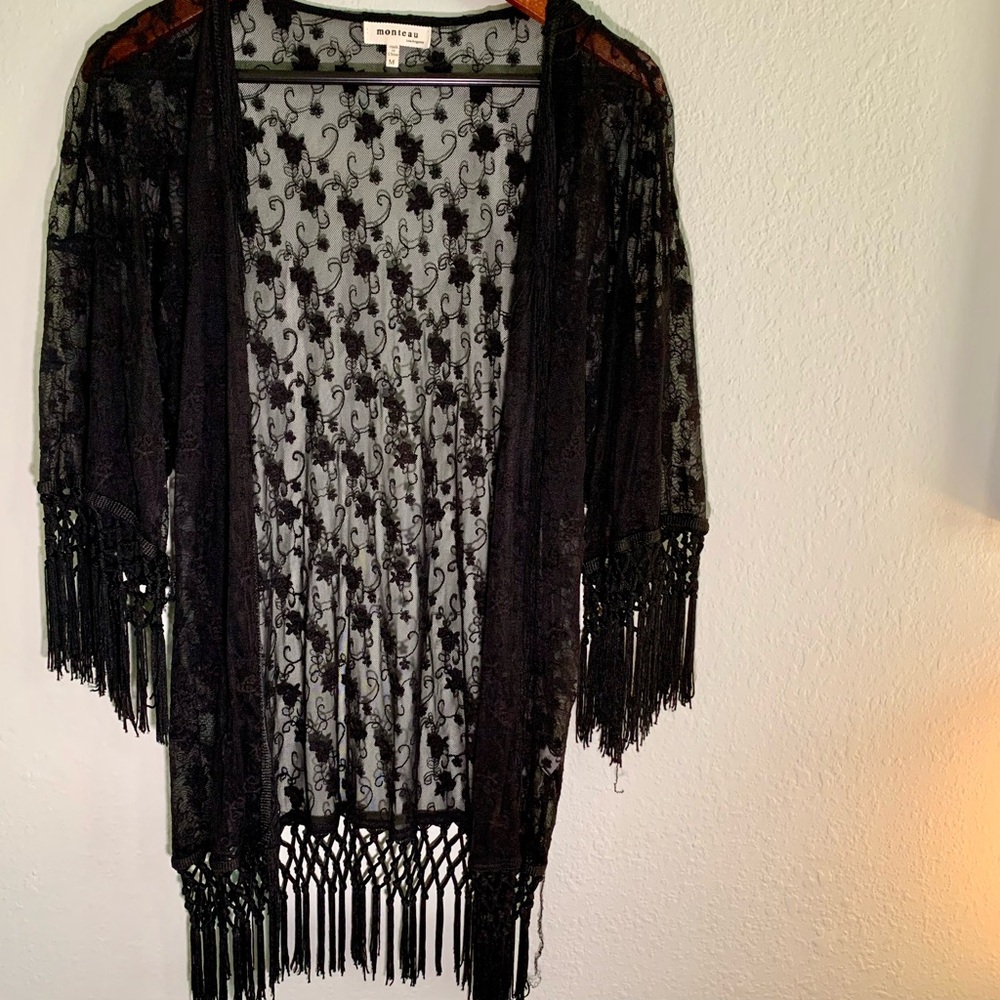 Black Lace Sheer Kimono Cardigan with Fringe | Size M-Monteau Whimsygoth Boho